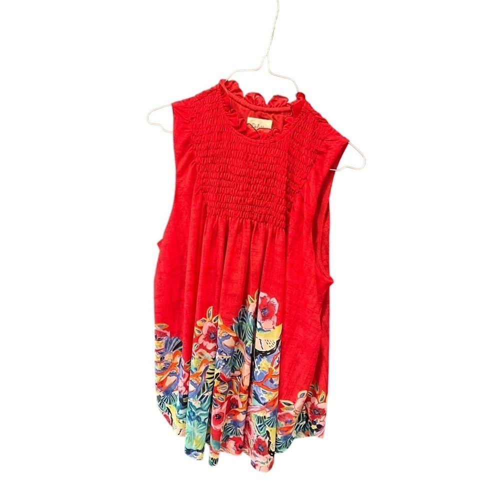 Deletta Anthropologie Blouse Women's L Red Floral Mock Neck Sleeveless Polyester